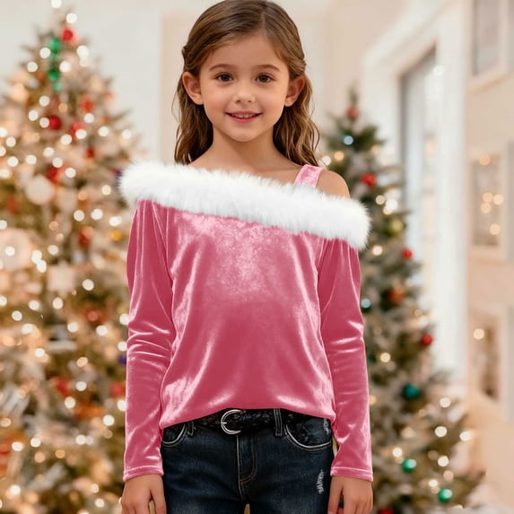 jobturf Velvet Tops for Girls Santa Faux Furs Trim Christmas Blouses Y2k Long Sleeve Shirts Fall Spring Fashion Off the Shoulder Sweater Size 4-14 Years
