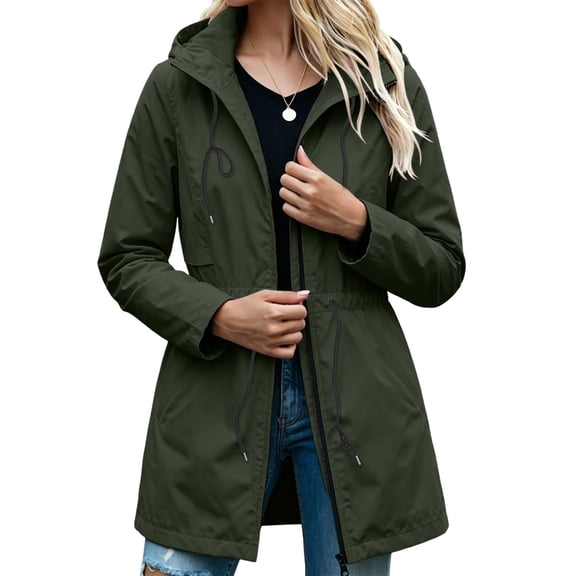 jobturf Waterproof Rain Jackets for Women Lightweight Long Raincoats with Hood and Pockets Fall Drawstring Waist Windbreaker Jacket S-3XL