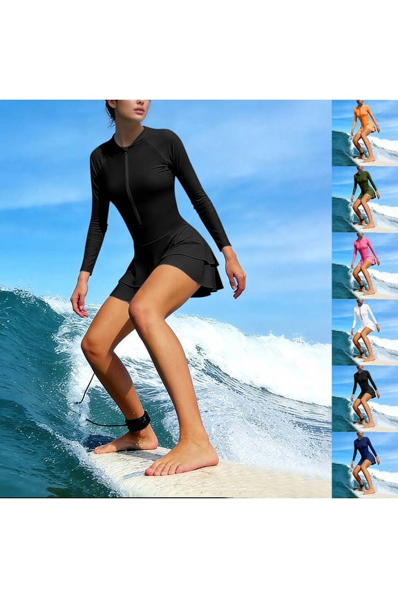 Wet Suit Women's Swing Half Zip Dress with Boy Shorts 2 Piece Outfits Modest Long Sleeve Swimsuits Bathing Suits for Surfing S-XXL