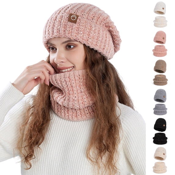 jobturf Winter Hats for Women Cute Fashion Knit Beanie with Neck Warmer Matching Set Thickened Warm Soft Cozy Skull Caps and Scarf 2 Piece Outfits