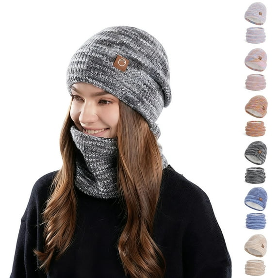 jobturf Winter Hats for Women Thickened Warm Fleece Lined Beanie and Neck Warmer 2 Piece Sets Soft Cozy Knit Hat Scarf for Outdoor Cold Weather