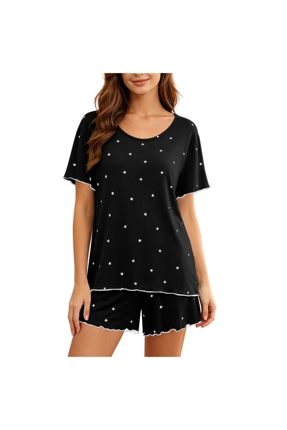 Women Pajama Set 2 Piece Lounge Sets Stars Printed Short Sleeve Top and Wide Leg Pants Matching Pjs Casual Sleepwear for Home Daily Wear