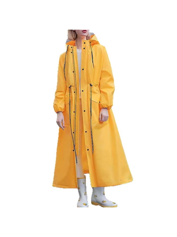 Women's Long Hooded Raincoat Waterproof Lightweight Trench Jacket Going Out Rain Jackets with Snap Buttons Pockets M-XL
