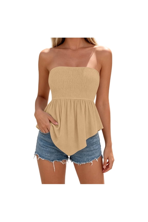 Women's Smocked Tube Tops Summer Flowy Strapless Top Y2k Peplum Blouse Going Out Date Bandeau Shirts S-2XL