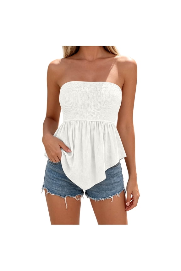 Women's Smocked Tube Tops Summer Flowy Strapless Top Y2k Peplum Blouse Going Out Date Bandeau Shirts S-2XL