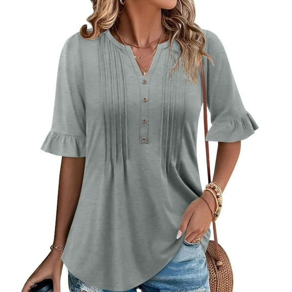 jobturf Women's Tunic Tops Trendy Pleated Front Ruffle Short Sleeve Henley Shirts Casual Loose Basic Tees Beach Vacation Summer Blouses S-XXL