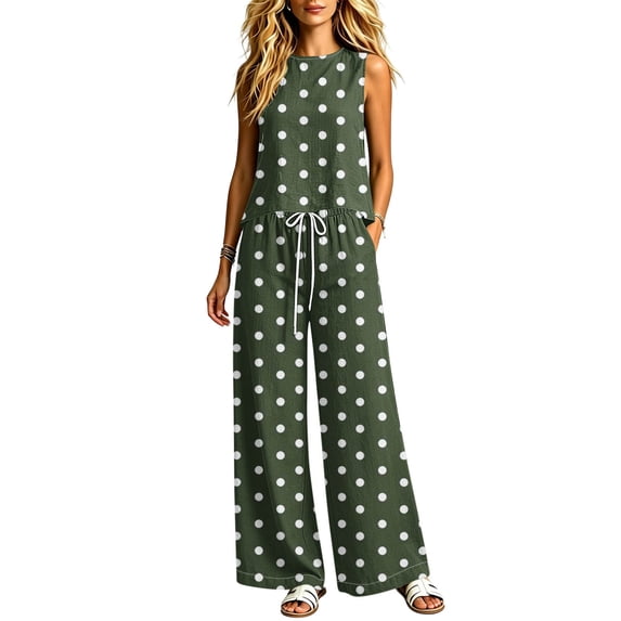 jobturf Womens 2 Piece Outfits Summer Polka Dots Tank Top Drawstring Wide Leg Pants with Pockets Lightweight Casual Loungewear Sets S-2XL