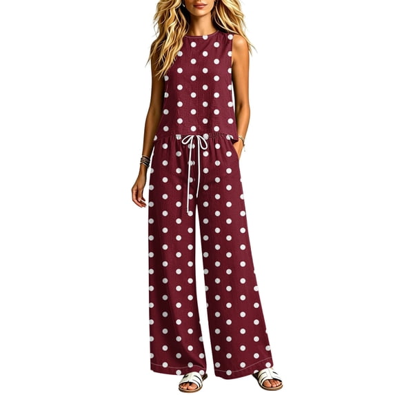 jobturf Womens 2 Piece Outfits Summer Polka Dots Tank Top Drawstring Wide Leg Pants with Pockets Lightweight Casual Loungewear Sets S-2XL
