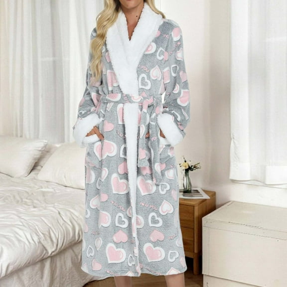 jobturf Womens Bathrobe Heart Printed Winter Warm Hooded Fleece Robe Casual Soft Cozy Plush Long Lounge Robe with Pockets