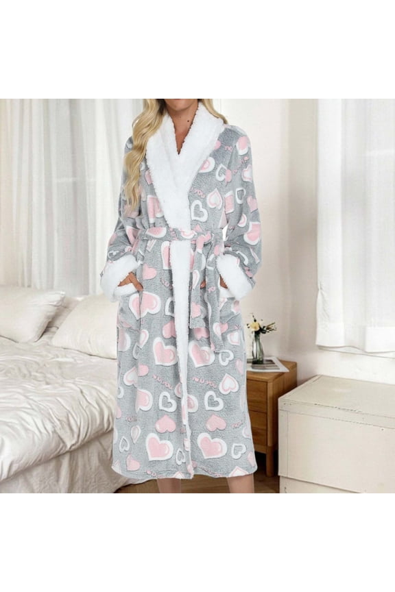 Womens Bathrobe Heart Printed Winter Warm Hooded Fleece Robe Casual Soft Cozy Plush Long Lounge Robe with Pockets