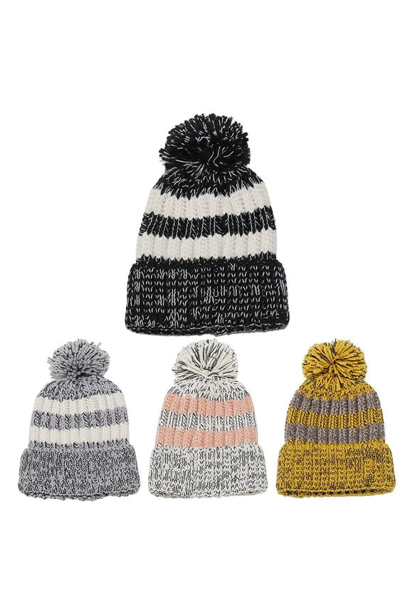 Womens Beanie Cute Pom Poms Color Block Skull Cap Soft Cozy Winter Caps Casual Lightweight Warm Beanies Hats for Cold Weather