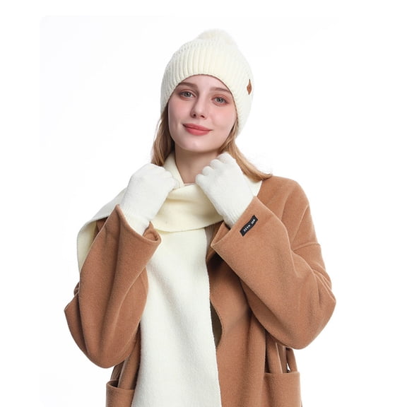 jobturf Womens Beanie Hat Scarf Gloves 3 Piece Set Fleece Lined Winter Hat with Pom Pom Long Knit Scarf Touchscreen Gloves for Cold Weather