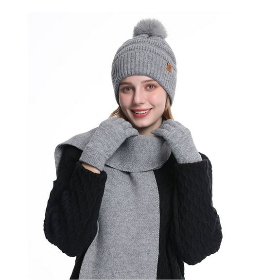 jobturf Womens Beanie Hat Scarf Gloves 3 Piece Set Fleece Lined Winter Hat with Pom Pom Long Knit Scarf Touchscreen Gloves for Cold Weather