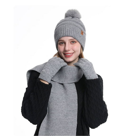 jobturf Womens Beanie Hat Scarf Gloves 3 Piece Set Fleece Lined Winter Hat with Pom Pom Long Knit Scarf Touchscreen Gloves for Cold Weather