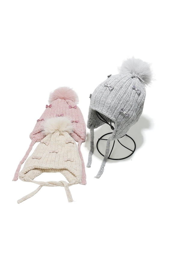 Womens Beanie Trendy Cute Bowknot Pom Poms Beanies Hats with Earflaps Windproof Snow Ski Winter Caps Warm Knit Trapper Hat for Cold Weather