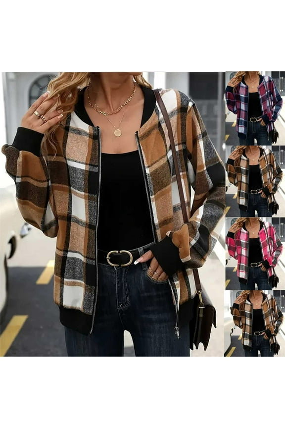 Womens Bomber Jacket Fall Winter Fashion Plaid Shacket Long Sleeve Going Out Casual Outerwear Lightweight Full Zip up Coats with Pockets