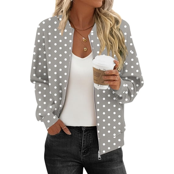 jobturf Womens Bomber Jacket Holiday Full Zip up Short Coats Long Sleeve Going Out Tops Fall Spring Fashion Polka Dots Lightweight Jackets with Pockets
