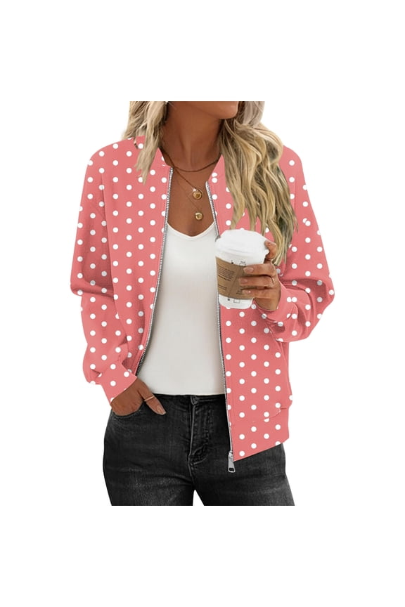 Womens Bomber Jacket Holiday Full Zip up Short Coats Long Sleeve Going Out Tops Fall Spring Fashion Polka Dots Lightweight Jackets with Pockets