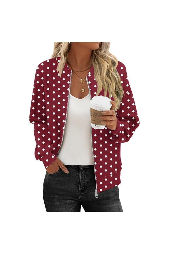 Womens Bomber Jacket Holiday Full Zip up Short Coats Long Sleeve Going Out Tops Fall Spring Fashion Polka Dots Lightweight Jackets with Pockets