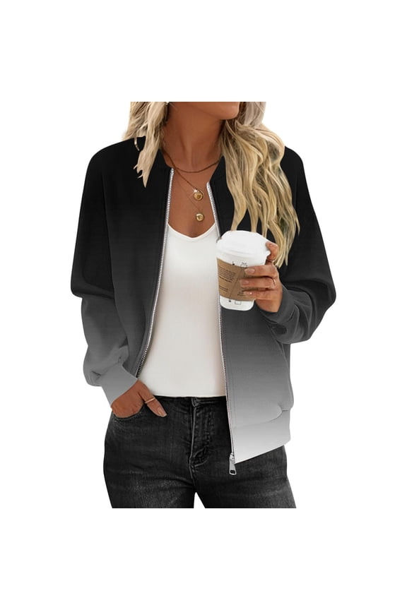 Womens Bomber Jacket Holiday Lightweight Casual Outerwear Long Sleeve Going Out Tops Fall Spring Fashion Gradient Short Coats with Pockets