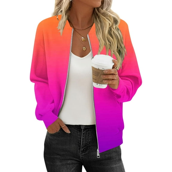 jobturf Womens Bomber Jacket Holiday Lightweight Casual Outerwear Long Sleeve Going Out Tops Fall Spring Fashion Gradient Short Coats with Pockets