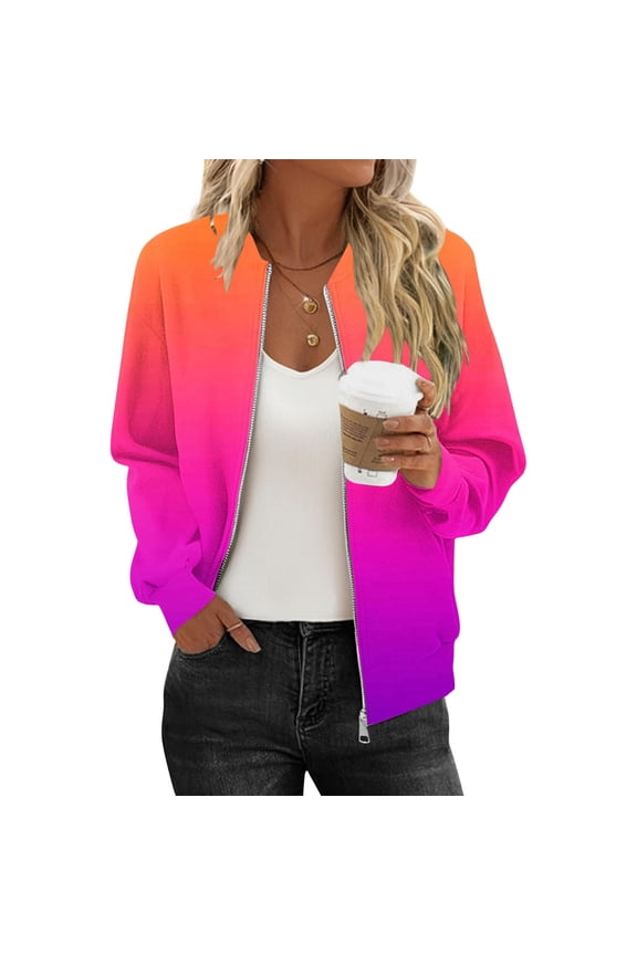 Womens Bomber Jacket Holiday Lightweight Casual Outerwear Long Sleeve Going Out Tops Fall Spring Fashion Gradient Short Coats with Pockets
