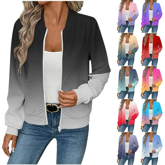 jobturf Womens Bomber Jacket Spring Trendy Texture Full Zip up Coats Long Sleeve Going Out Tops Fall Winter Casual Outerwear with Pockets Size M