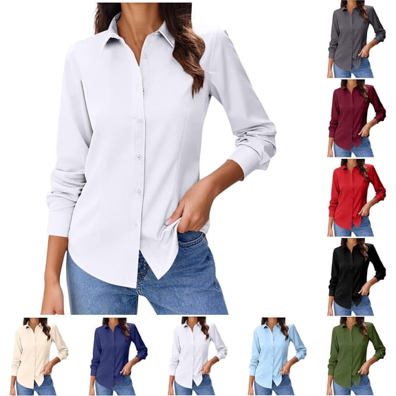 jobturf Womens Button Down Shirt Dressy Casual Collared Long Sleeve Blouses Comfy Going Out Pullover Spring Fashion Business Office Work Tops