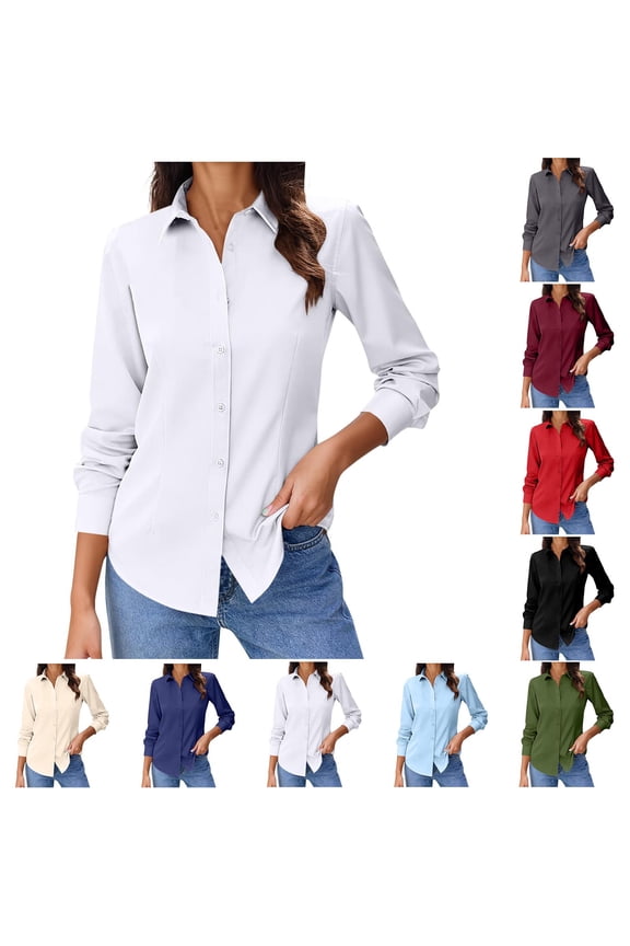 Womens Button Down Shirt Dressy Casual Collared Long Sleeve Blouses Comfy Going Out Pullover Spring Fashion Business Office Work Tops