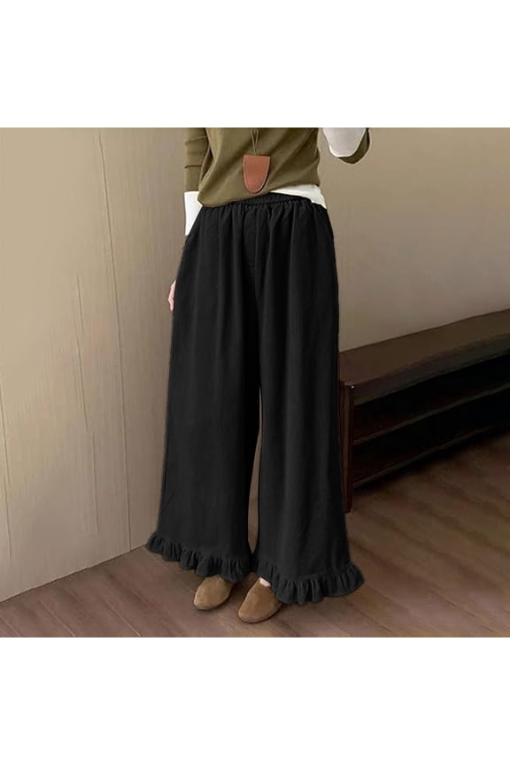 Womens Corduroy Pants Trendy Ruffled Hem Wide Leg Sweatpants Casual Baggy Joggers Fall Spring Fashion Elastic Waist Trousers with Pockets Size XXL