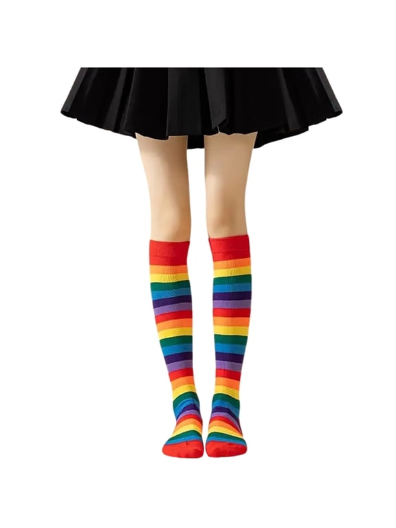 Womens Cotton Socks Fashion Rainbow Long Tube Socks Moisture Wicking Breathable Athletic Socks Travel Colorful Striped Knee High Stockings