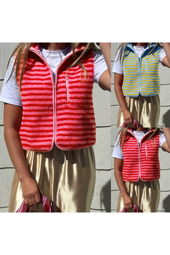 Womens Fleece Vest Fall Winter Fashion Striped Crop Jackets Soft Comfy Warm Lightweight Casual Outerwear Full Zip up Sleeveless Coats