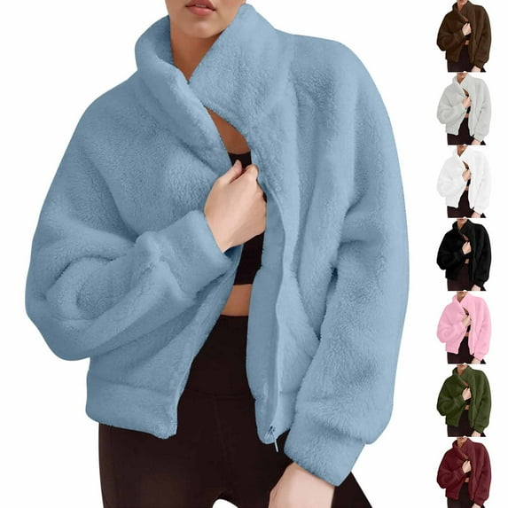 jobturf Womens Fleece Zip up Jacket Comfy Warm Fuzzy Casual Outerwear Long Sleeve Going Out Tops Fall Winter Fashion Cropped Coats with Pockets