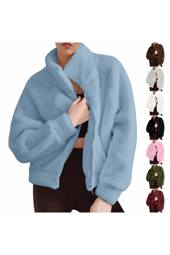 Womens Fleece Zip up Jacket Comfy Warm Fuzzy Casual Outerwear Long Sleeve Going Out Tops Fall Winter Fashion Cropped Coats with Pockets