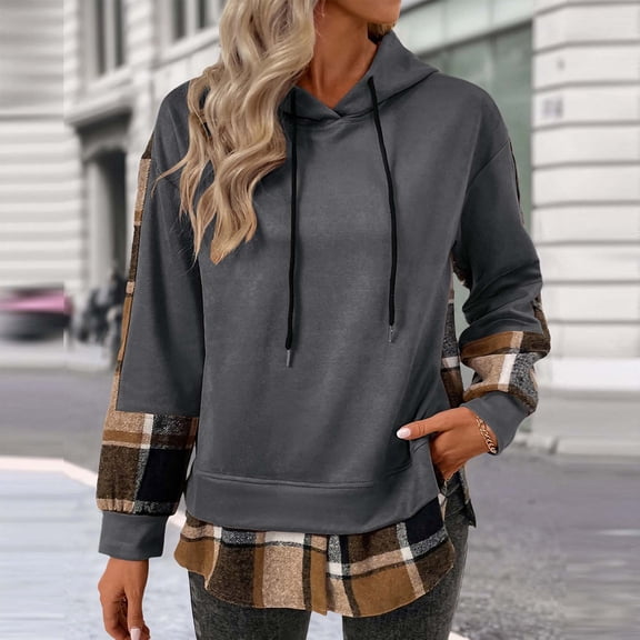 jobturf Womens Hoodies Plaid Lined Color Block Long Sleeve Sweatshirts Casual Drawstring Loose Hooded Pullover Tops