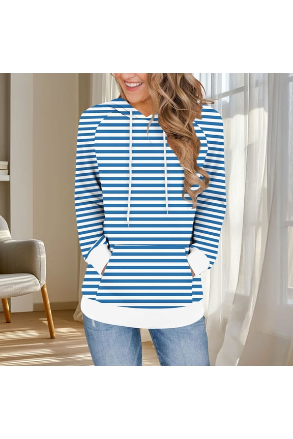 Womens Hoodies Striped Drawstring Hooded Long Sleeve Pullover Tops Loose Fit Casual Workout Running Sweatshirts with Pocket