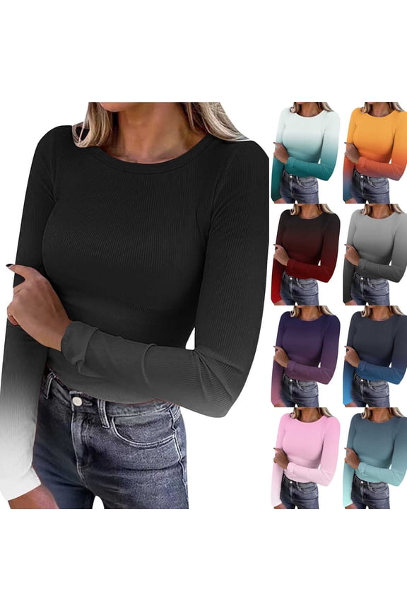 Womens Long Sleeve Shirts Crew Neck Ribbed Knit Slim Fitted Base Layer Top Soft Comfy Warm Blouses Fall Winter Gradient Basic Tees