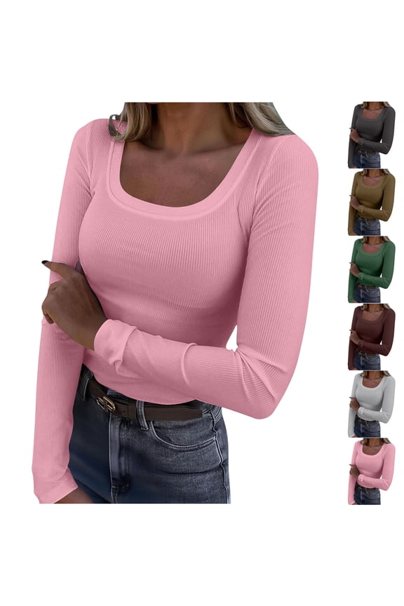 Womens Long Sleeve Shirts Ribbed Knit Slim Fitted Base Layer Top Soft Comfy Warm Blouses Fall Winter Fashion Scoop Neck Basic Tees