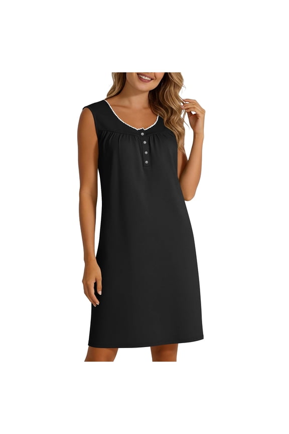 Womens Nightgown Henley Button Pleated Sleep Dress Wide Strap Sleeveless Nightgowns Soft Loose Casual House Dresses Size XXL