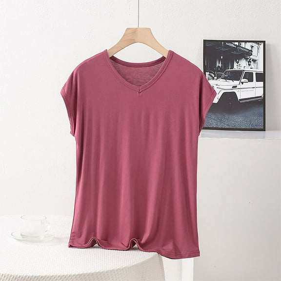 jobturf Womens Pajama Tops Plus Size Modal V Neck Cap Sleeve Shirts Soft Breathable Sleepwear Casual Vacation Pjs Pullover Tops