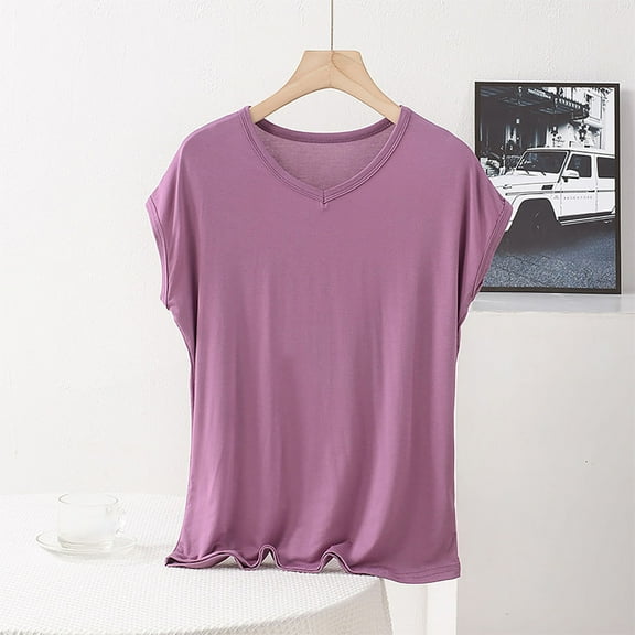 jobturf Womens Pajama Tops Plus Size Modal V Neck Cap Sleeve Shirts Soft Breathable Sleepwear Casual Vacation Pjs Pullover Tops