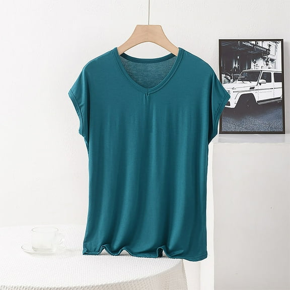 jobturf Womens Pajama Tops Plus Size Modal V Neck Cap Sleeve Shirts Soft Breathable Sleepwear Casual Vacation Pjs Pullover Tops