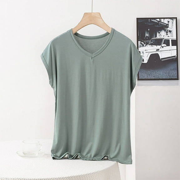 jobturf Womens Pajama Tops Plus Size Modal V Neck Cap Sleeve Shirts Soft Breathable Sleepwear Casual Vacation Pjs Pullover Tops