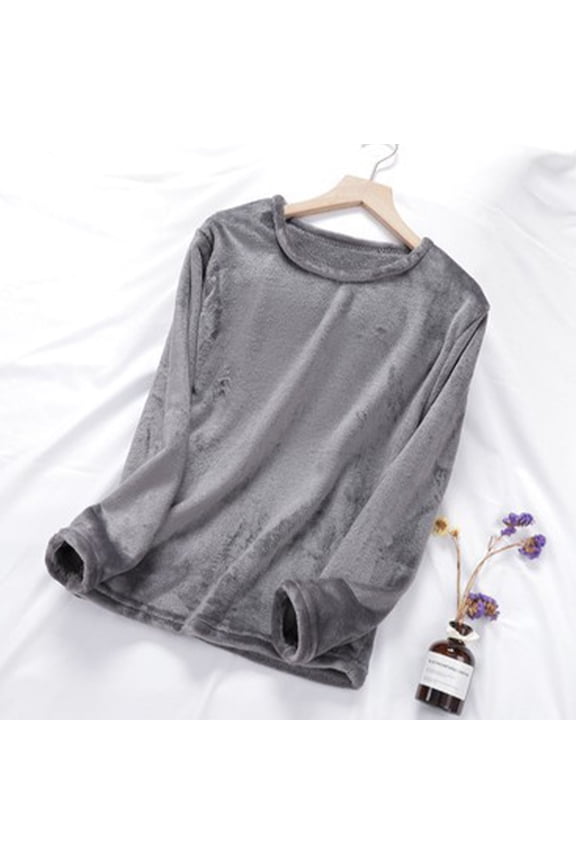 Womens Pajamas Tops Long Sleeve Thermal Flannel Pullover Tops Fall Winter Casual Soft Crewneck Warm Fleece Sleep Shirts