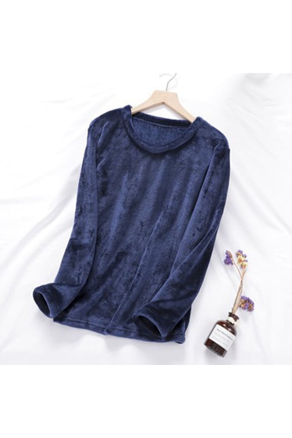 Womens Pajamas Tops Long Sleeve Thermal Flannel Pullover Tops Fall Winter Casual Soft Crewneck Warm Fleece Sleep Shirts