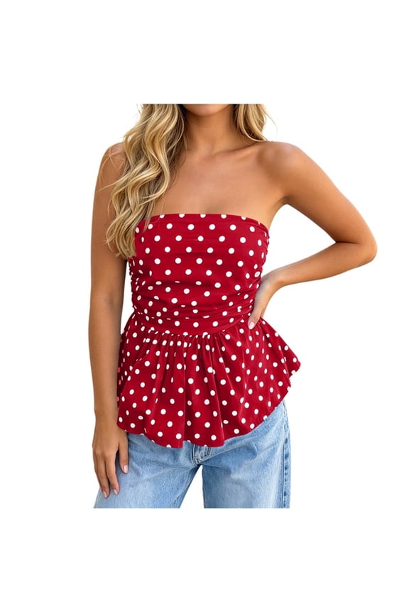 Womens Polka Dot Tube Top Y2k Flowy Strapless Tops Trendy Peplum Blouse Summer Going Out Bandeau Shirts S-2XL