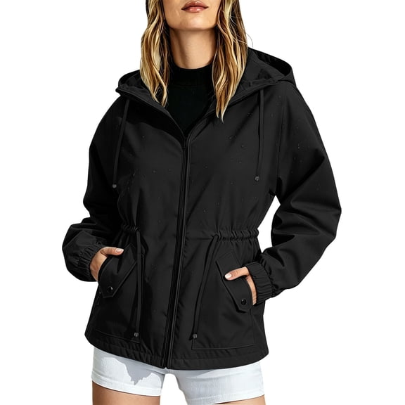 jobturf Womens Raincoats Waterproof with Hood and Pockets Drawstring Waisted Hooded Rain Jacket Spring Fall Hiking Full Zip up Jackets S-3XL