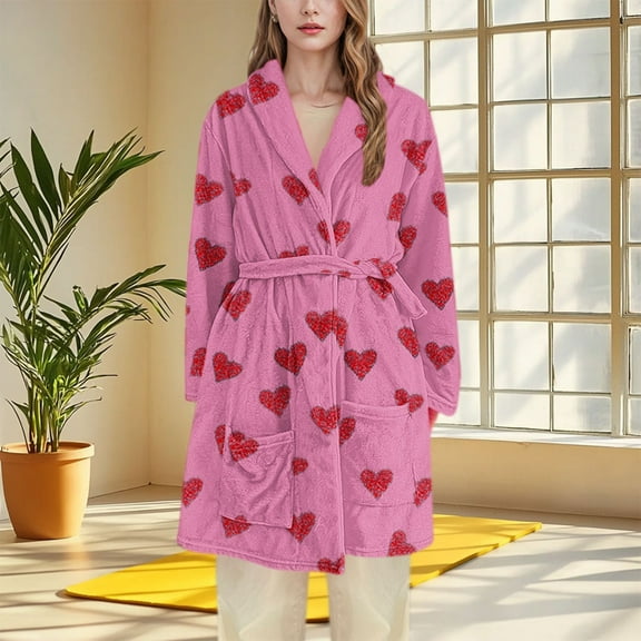 jobturf Womens Robe Soft Heart Printed Bleted Fleece Bathrobes Casual Lightweight Cozy Spa Long Robe with Pockets