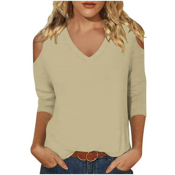jobturf Womens Summer Tops $5 Casual 3/4 Sleeve Cold Shoulder T-Shirts Loose Fit V Neck Cute Tunic Tops Basic Tees Blouses Pullover