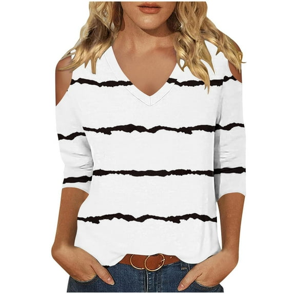 jobturf Womens Summer Tops Clearance $5 Casual 3/4 Sleeve Cold Shoulder T-Shirts Loose Fit V Neck Cute Tunic Tops Basic Tees Blouses Pullover